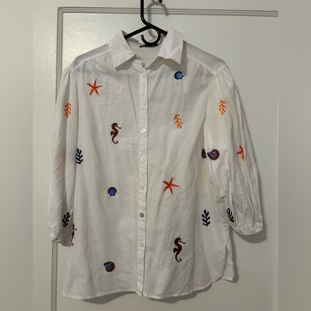 White Cotton Shirt with Nautical Embroidery